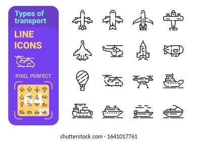 Types of transport line icons set vector illustration. Collection of aircraft boat and balloon flat style. Sea and air transportation concept. Isolated on white background