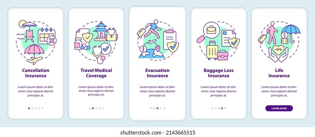 Types of travel insurance onboarding mobile app screen. Tourist coverage walkthrough 5 steps graphic instructions pages with linear concepts. UI, UX, GUI template. Myriad Pro-Bold, Regular fonts used