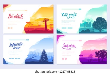 Types of trees from around the world. Beautiful parks from all over the planet. Colorful landscape forests trees. Set of ecology branch flyers design concept