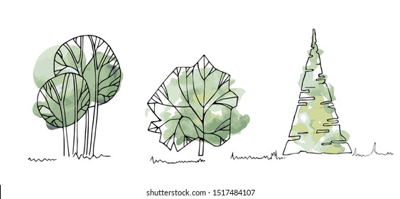 Types of Trees, Bushes, Tree watercolor sketches for landscape design. Vector illustration, hand drawn, isolated on white background.