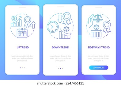 Types of trends blue gradient onboarding mobile app screen. Stock market walkthrough 3 steps graphic instructions with linear concepts. UI, UX, GUI template. Myriad Pro-Bold, Regular fonts used