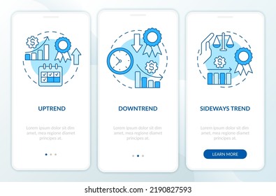 Types of trends blue onboarding mobile app screen. Stock market walkthrough 3 steps editable graphic instructions with linear concepts. UI, UX, GUI template. Myriad Pro-Bold, Regular fonts used