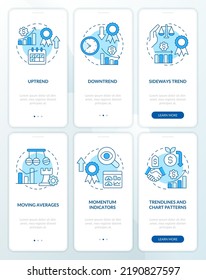 Types of trends blue onboarding mobile app screen set. Trading walkthrough 3 steps editable graphic instructions with linear concepts. UI, UX, GUI template. Myriad Pro-Bold, Regular fonts used