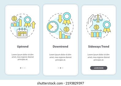 Types of trends onboarding mobile app screen. Stock market walkthrough 3 steps editable graphic instructions with linear concepts. UI, UX, GUI template. Myriad Pro-Bold, Regular fonts used