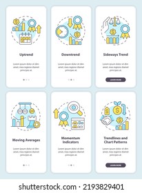 Types of trends onboarding mobile app screen set. Trading strategies walkthrough 3 steps editable graphic instructions with linear concepts. UI, UX, GUI template. Myriad Pro-Bold, Regular fonts used