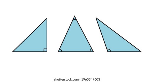 Types of triangles based on the angles, math geometry shapes illustration, line art style, blue color isolated on white background