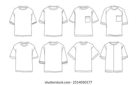 T-Shirts. Linienzeichnung von T-Shirt-Vektorvorlagen-Set-Mock-up einzeln auf weißem Hintergrund. flache technische Zeichnungsschablone. Unisex T-Shirt-Illustration, T-Shirt Mock-up.
