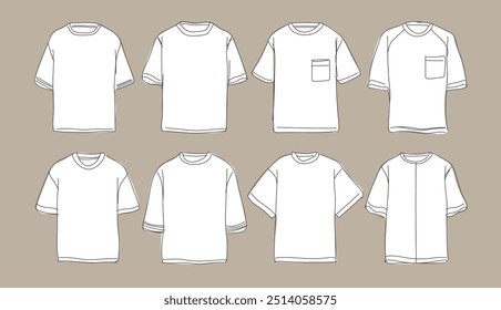 Tipos de camisetas. Dibujo de línea de la Plantilla de Vector de la camiseta conjunto de maqueta aislada sobre fondo blanco. Plantilla de dibujo técnico plano. Ilustración de camiseta unisex, maqueta de camiseta. 