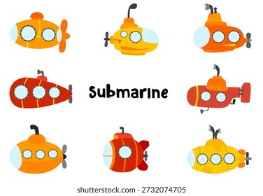 tipos de submarinos subaquáticos, coloridos.