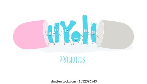 Types of useful probiotics in the capsule. Vector illustration.