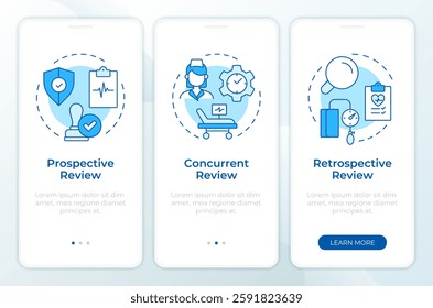 Types of utilization management blue onboarding mobile app screen. Walkthrough 3 steps editable graphic instructions with linear concepts. UI, UX, GUI template