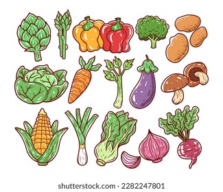 Types of vegetable hand-drawn illustration. Set of vegetables vector illustration. Bell pepper, broccoli, cabbage, lettuce, asparagus, mushroom, celery, carrot, eggplant, onion, leek, corn, artichoke.