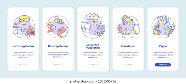 Types of vegetarian diets onboarding mobile app page screen with concepts. Healthy food eating lifestyle walkthrough 5 steps graphic instructions. UI vector template with RGB color illustrations