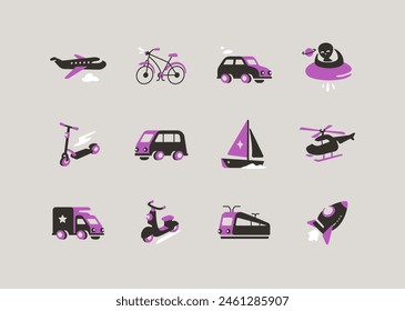 Tipos de vehículos - conjunto de iconos de colores modernos. Pasajero de línea aérea, bicicleta, coche, platillo volador, scooter, yate, helicóptero, camión, ciclomotor eléctrico, tren eléctrico, cohete y camioneta de semillas