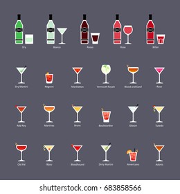 Types of vermouth and cocktails with vermouth, set of flat icons. Vector