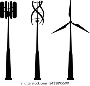 Typen von Vertikalachse-Windturbinen mit
Rotationsprinzip Silhouette Diagramm. Geschriebene Bildungs-Liste mit Hewt, h-Rotor, Savonius und Darrieus Models, Vektorgrafik auf weißem Hintergrund.