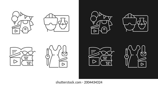 Types of video linear icons set for dark and light mode. Baby party. VR headset. Book review. Fashion blog. Customizable thin line symbols. Isolated vector outline illustrations. Editable stroke