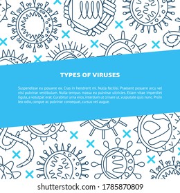 Types of viruses banner in line style with place for text. Science poster with microorganism symbols background. Vector illustration.