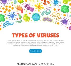 Banner web de tipos de virus. Microbiología y virología: patógenos microscópicos, enfermedades celulares y microorganismos, página de inicio, sitio web cartoon vector