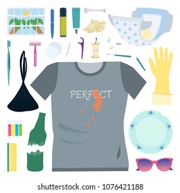 Types of waste. Different old, used, damaged and broken objects to trash. Vector illustration.