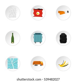 Types of waste icons set. Flat illustration of 9 types of waste vector icons for web