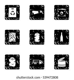 Types of waste icons set. Grunge illustration of 9 types of waste vector icons for web