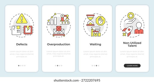 Tipos de residuos en lean manufacturing incorporando la pantalla del App móvil. Instrucciones gráficas editables de 4 pasos con conceptos lineales. UI, UX, GUI