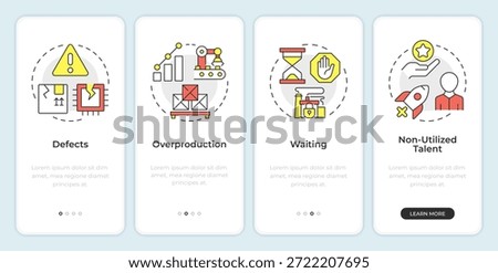 Types of waste in lean manufacturing onboarding mobile app screen. Walkthrough 4 steps editable graphic instructions with linear concepts. UI, UX, GUI