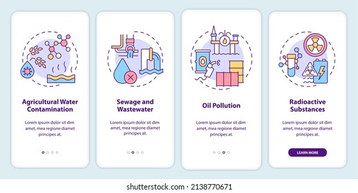 Types of water contamination onboarding mobile app screen. Oil pollution walkthrough 4 steps graphic instructions pages with linear concepts. UI, UX, GUI template. Myriad Pro-Bold, Regular fonts used