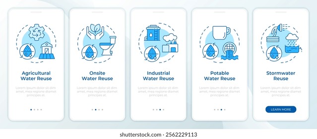 Types of water reuse blue onboarding mobile app screen. Recycling walkthrough 3 steps editable graphic instructions with linear concepts. UI, UX, GUI template