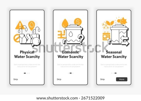 Types of water scarcity mobile onboarding screen. Ecology problem. Environment care UX UI illustration. Flat outline style icons with yellow accent