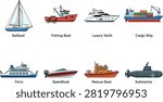 Types of water transport vector illustration set featuring sailboat fishing boat yacht cargo ship and submarine.eps
