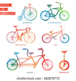 Types of watercolor bicycle: road bicycle, BMX, tandem, monocycle, old bicycle, cruiser.