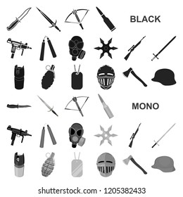 Types of weapons black icons in set collection for design.Firearms and bladed weapons vector symbol stock web illustration.