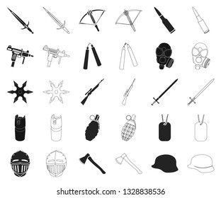 Types of weapons black,outline icons in set collection for design.Firearms and bladed weapons vector symbol stock web illustration.
