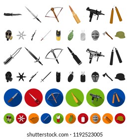 Types of weapons cartoon icons in set collection for design.Firearms and bladed weapons vector symbol stock web illustration.