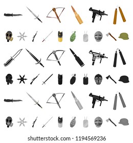 Types of weapons cartoon icons in set collection for design.Firearms and bladed weapons vector symbol stock web illustration.