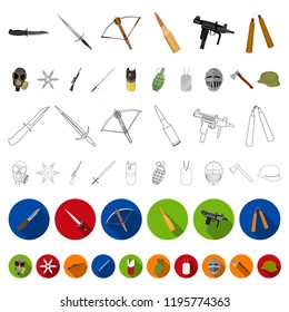 Types of weapons cartoon icons in set collection for design.Firearms and bladed weapons vector symbol stock web illustration.