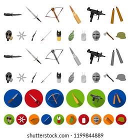 Types of weapons cartoon icons in set collection for design.Firearms and bladed weapons vector symbol stock web illustration.