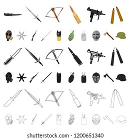 Types of weapons cartoon icons in set collection for design.Firearms and bladed weapons vector symbol stock web illustration.
