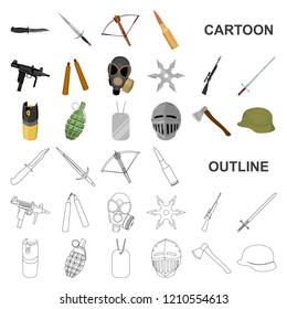Types of weapons cartoon icons in set collection for design.Firearms and bladed weapons vector symbol stock web illustration.