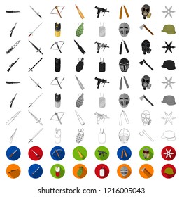 Types of weapons cartoon icons in set collection for design.Firearms and bladed weapons vector symbol stock web illustration.