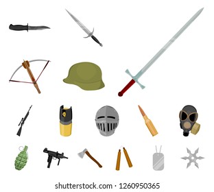 Types of weapons cartoon icons in set collection for design.Firearms and bladed weapons vector symbol stock web illustration.