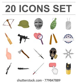 Types of weapons cartoon icons in set collection for design.Firearms and bladed weapons vector symbol stock web illustration.