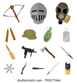 Types of weapons cartoon icons in set collection for design.Firearms and bladed weapons vector symbol stock web illustration.