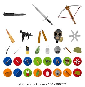Types of weapons cartoon,flat icons in set collection for design.Firearms and bladed weapons vector symbol stock web illustration.