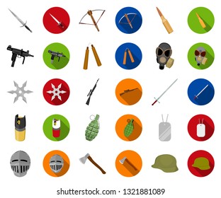 Types of weapons cartoon,flat icons in set collection for design.Firearms and bladed weapons vector symbol stock web illustration.