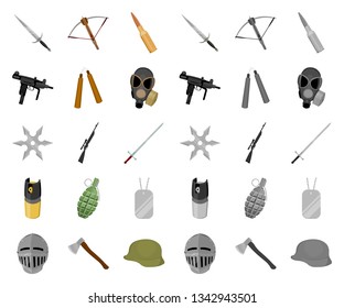Types of weapons cartoon,mono icons in set collection for design.Firearms and bladed weapons vector symbol stock web illustration.