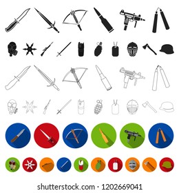 Types of weapons flat icons in set collection for design.Firearms and bladed weapons vector symbol stock web illustration.