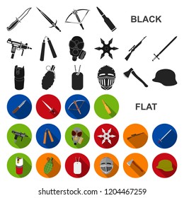 Types of weapons flat icons in set collection for design.Firearms and bladed weapons vector symbol stock web illustration.